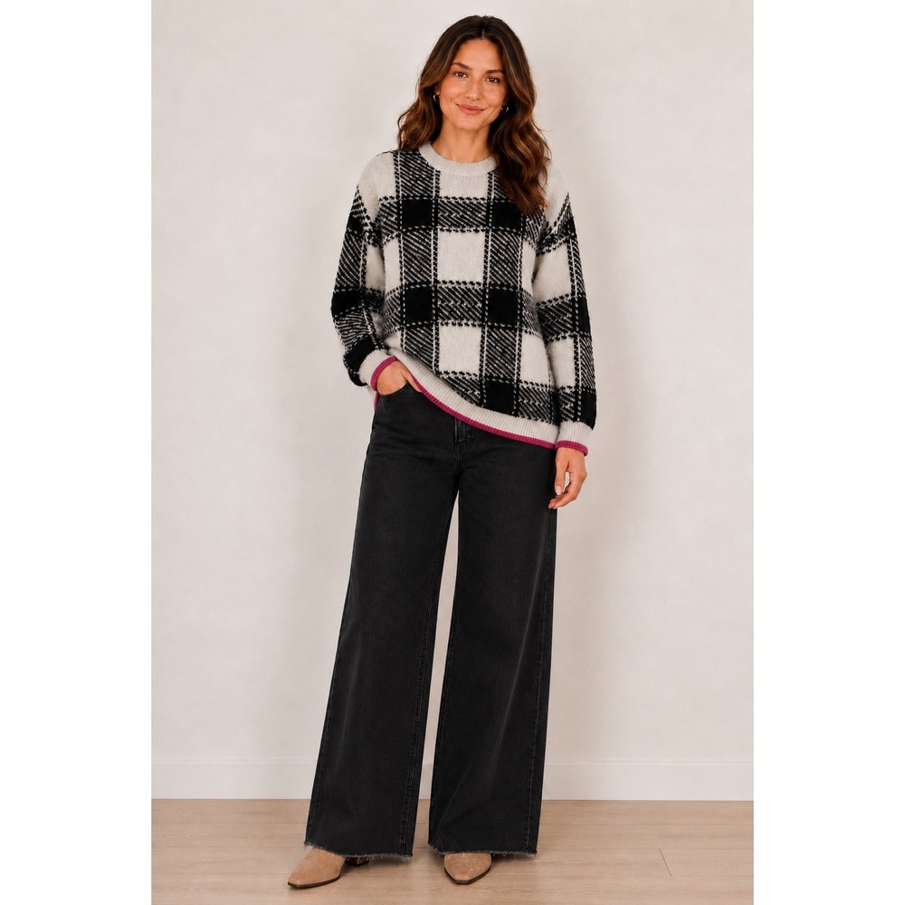 THML Plaid Sweater Women's L Black Cream Buffalo Check Pink Trim Soft Boutique